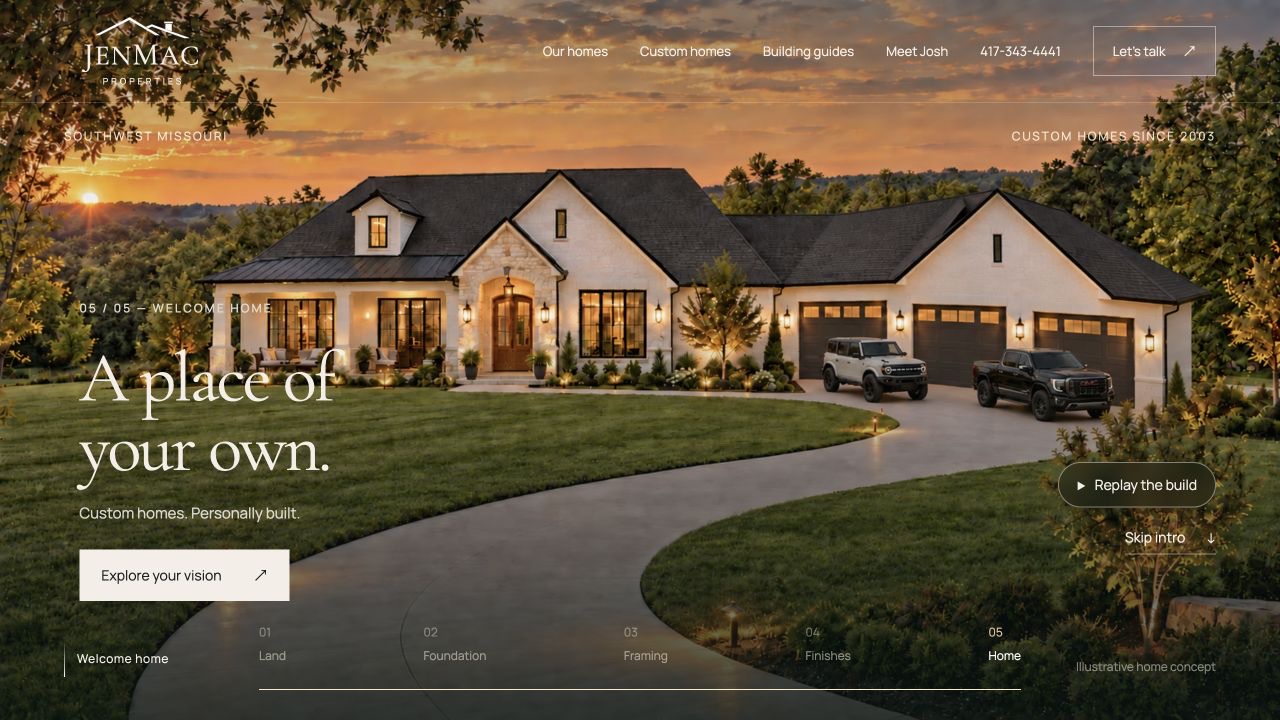 The finished-home stage of JenMac Properties’ live website hero, showing an illustrative custom home at sunset and the headline A place of your own