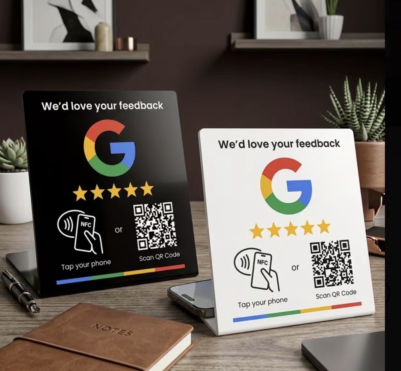 Black and white tabletop Google review signs offering NFC tap and QR code options