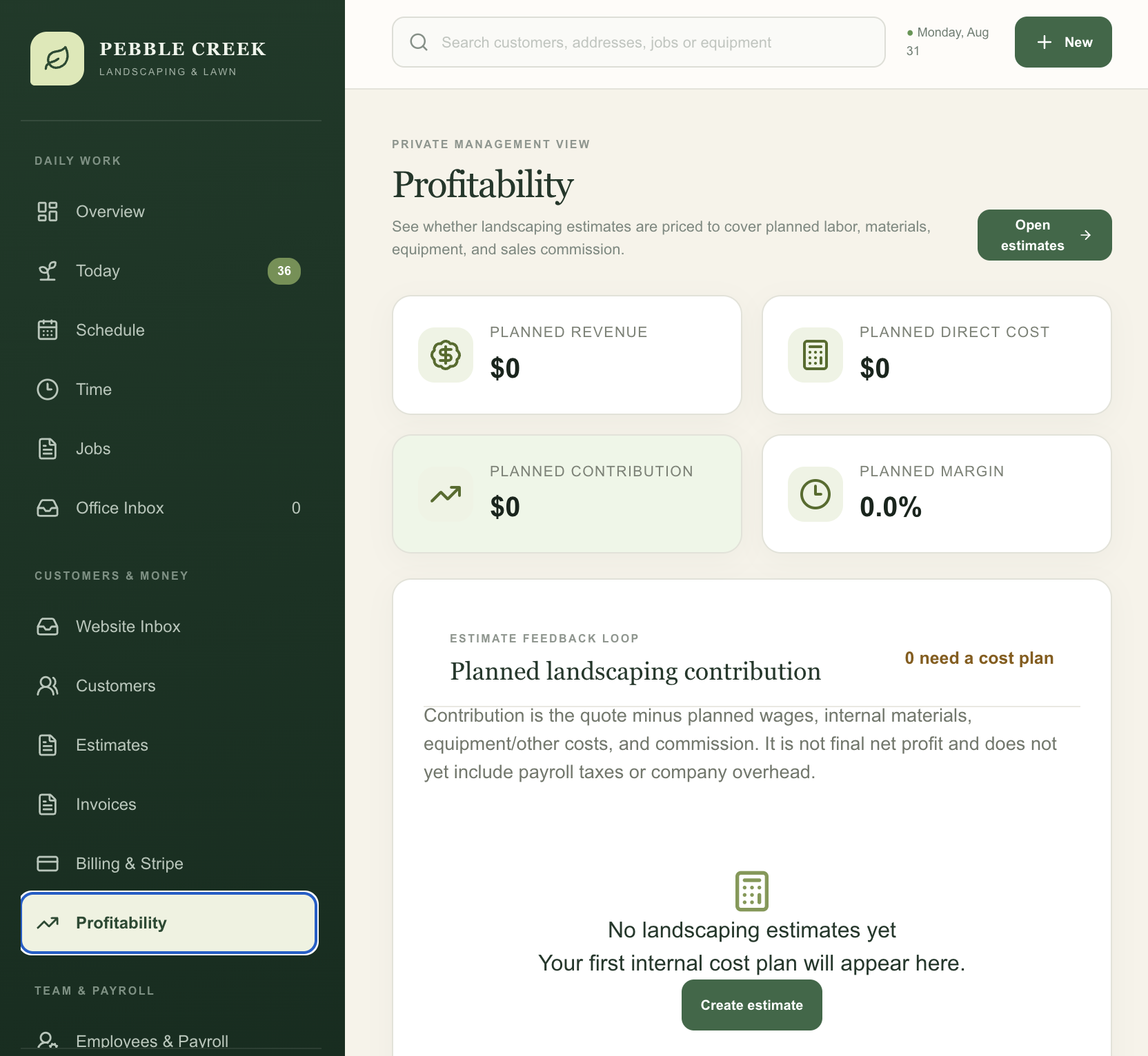 Pebble Creek Landscaping and Lawn private management profitability screen