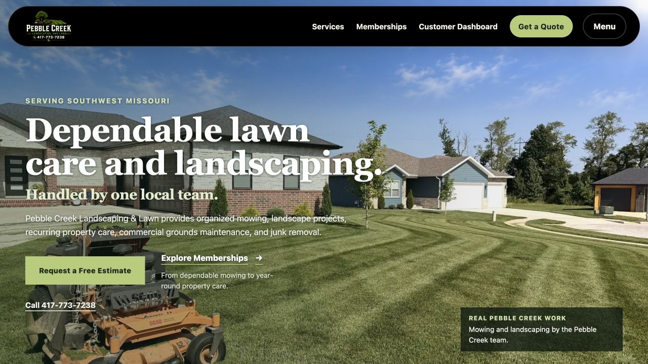 Pebble Creek Landscaping & Lawn homepage featuring a freshly striped lawn, the company mower, and the headline Dependable lawn care and landscaping