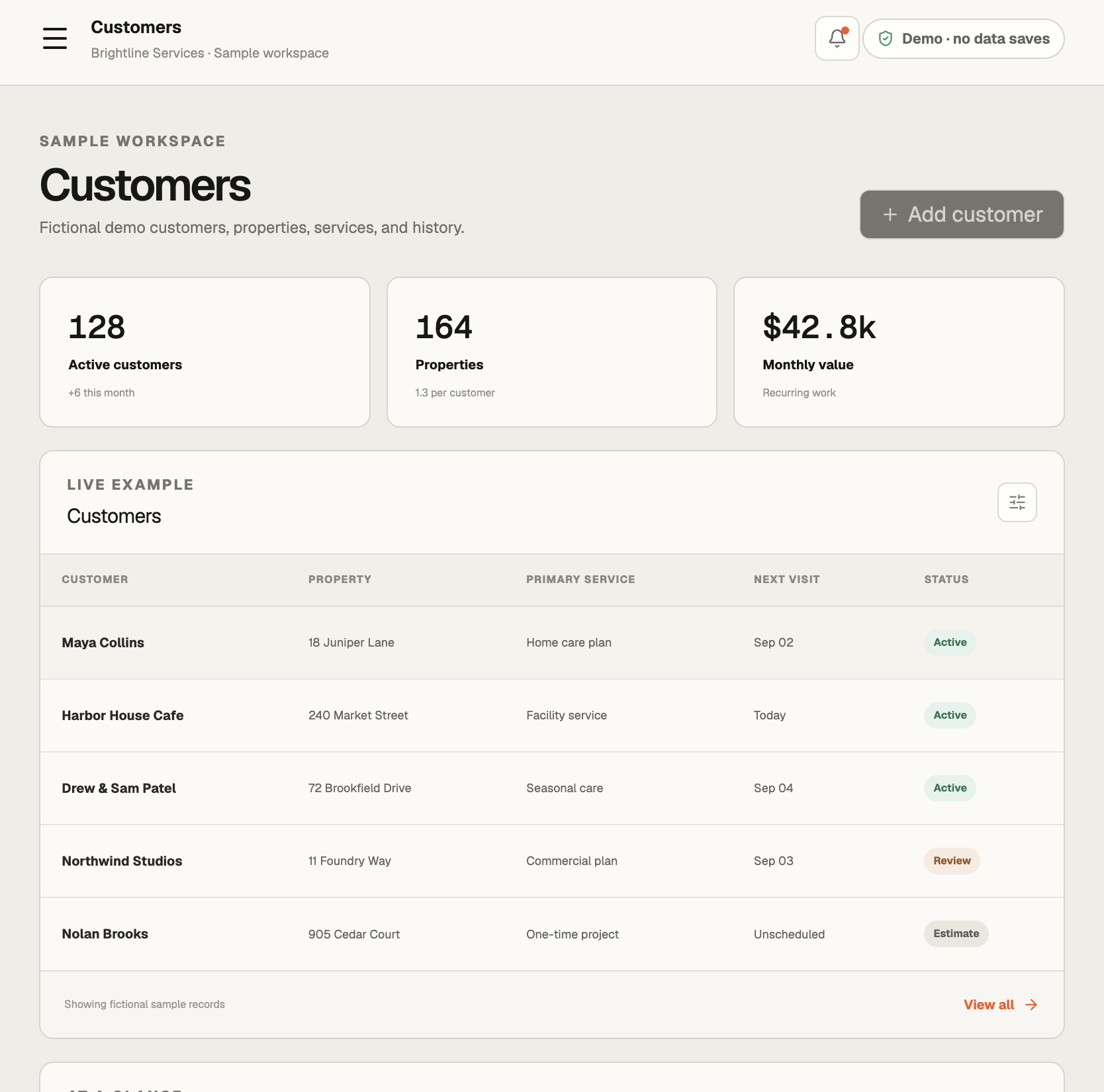 Brightline Services customer management screen with customer, property, service, next visit, and status information