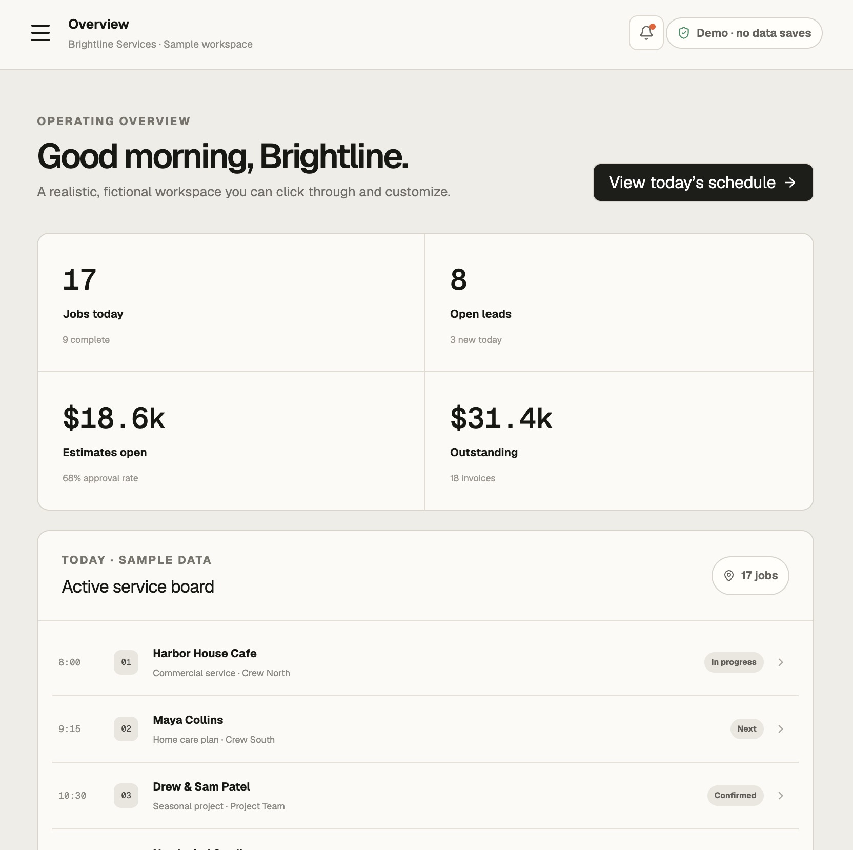 Brightline Services operating overview showing jobs, leads, estimates, outstanding invoices, and today's schedule