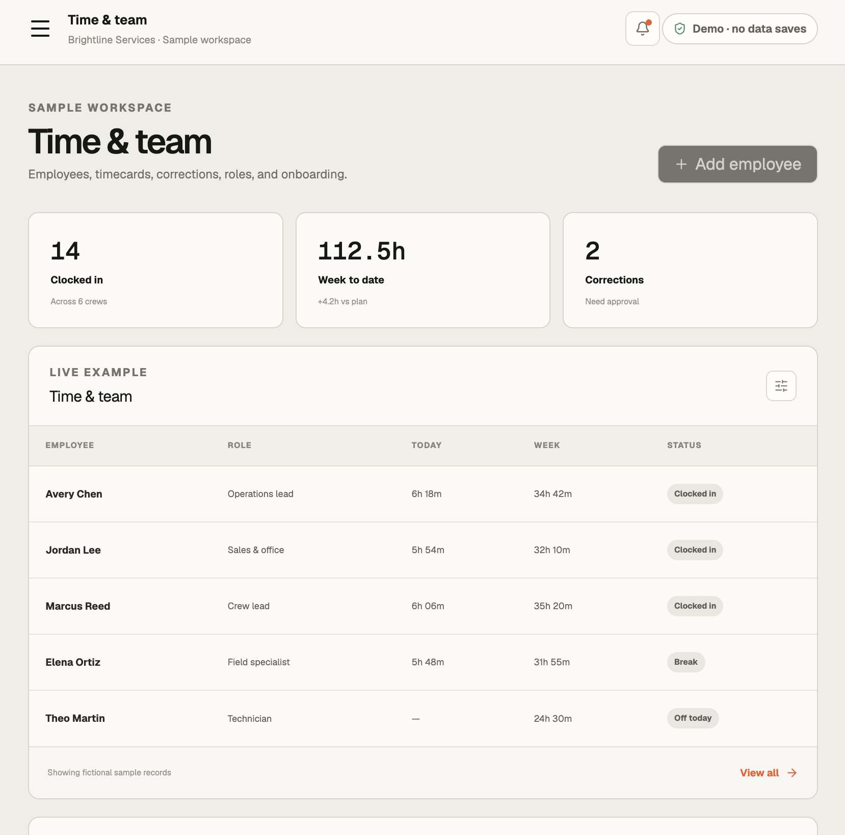 Brightline Services time and team screen showing employees, roles, daily hours, weekly hours, and work status