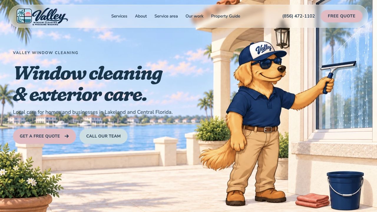 Valley’s actual homepage, including its navigation, Window cleaning & exterior care headline, free quote and call buttons, and golden retriever mascot